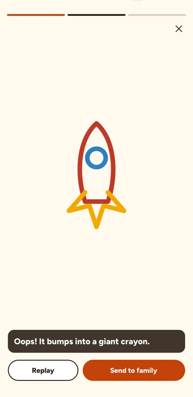 A child's rocket drawing playing as a film, with the caption Oops! It bumps into a giant crayon and a Send to family button
